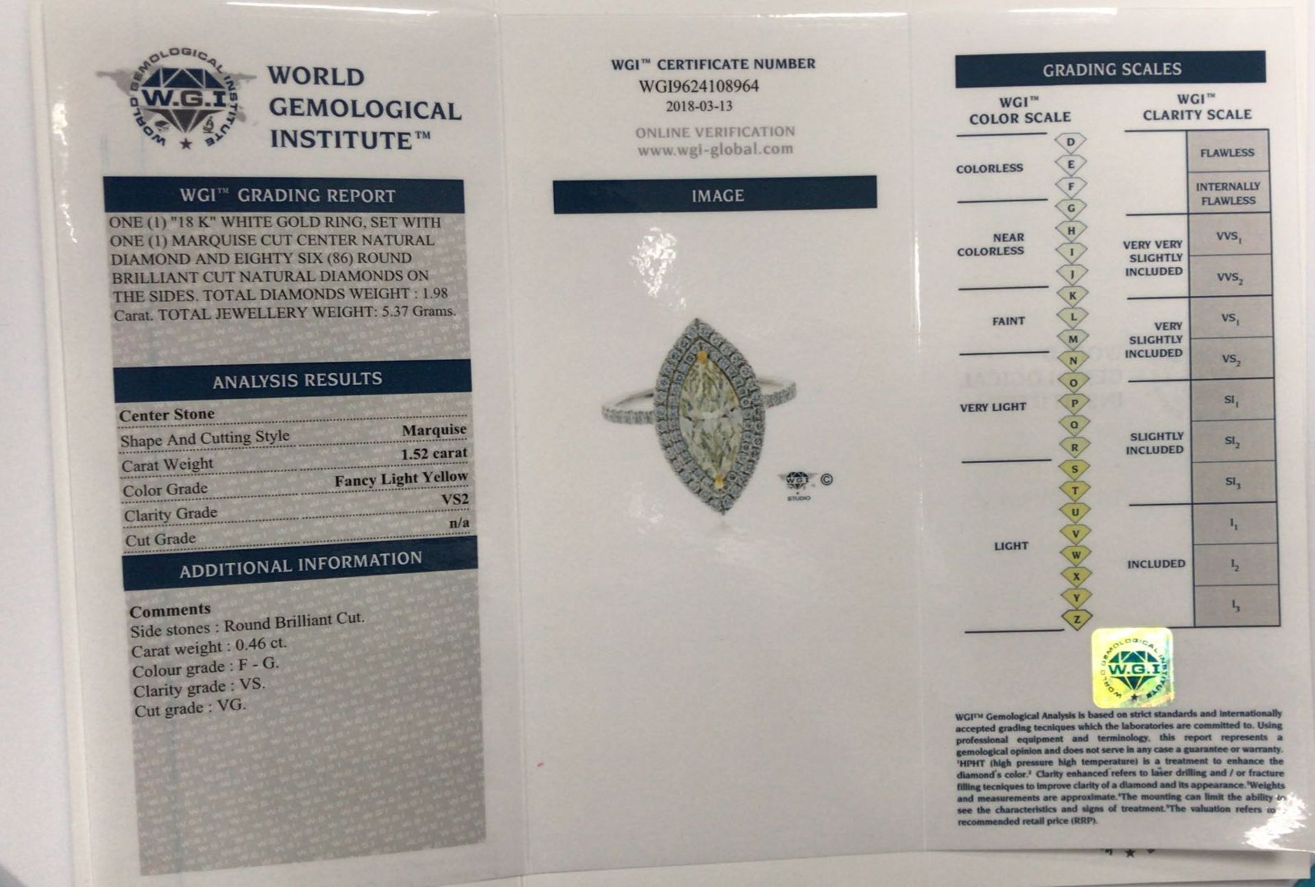 1.52ct fancy yellow Marquis cut diamond set in 18ct white gold ring,VS 2 clarity,WGI certification - Image 6 of 6