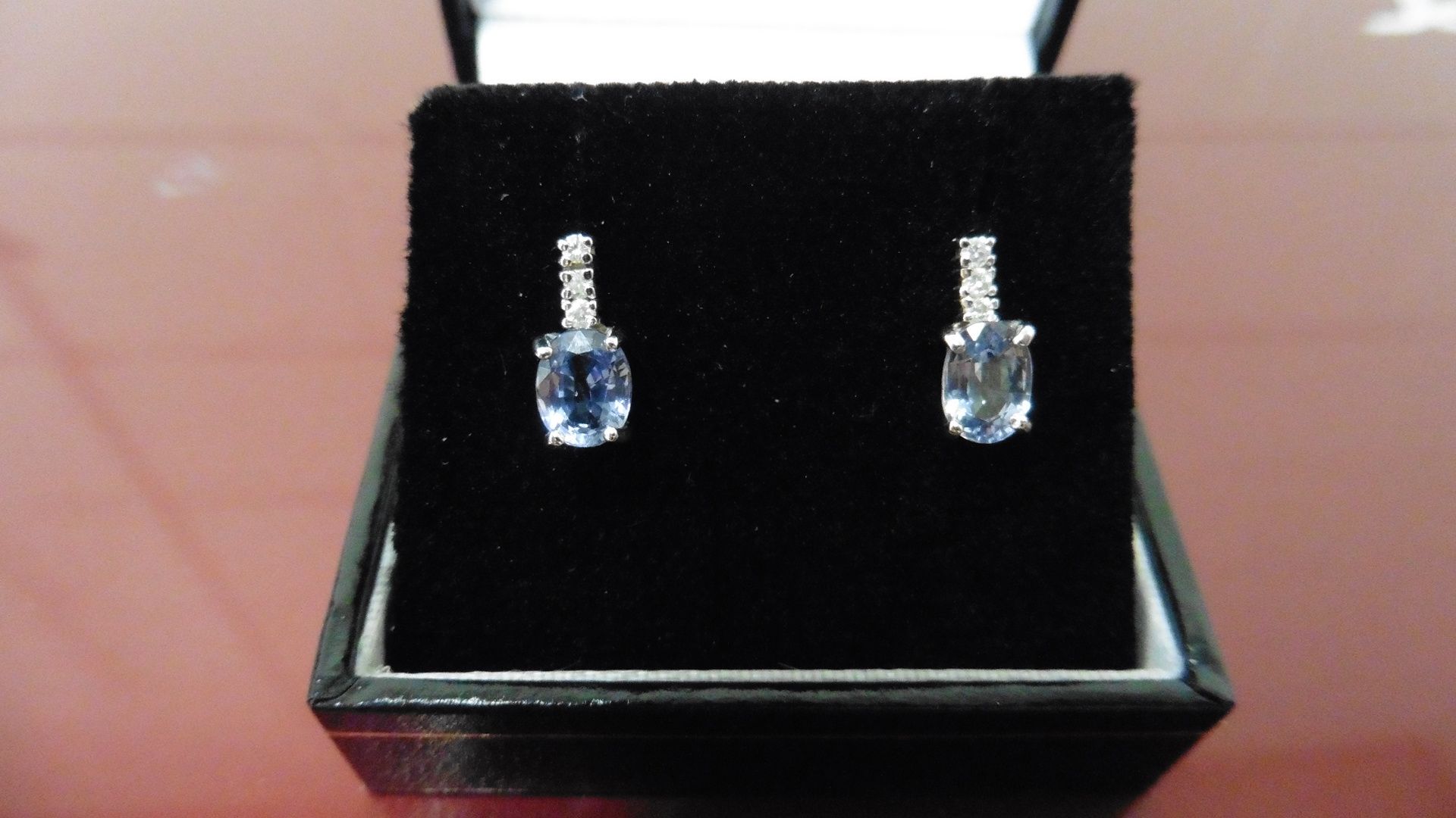 Ceylon Sapphire and diamond drop style earrings each with an Oval cut sapphire, 6 x 4mm and 4 - Image 4 of 4