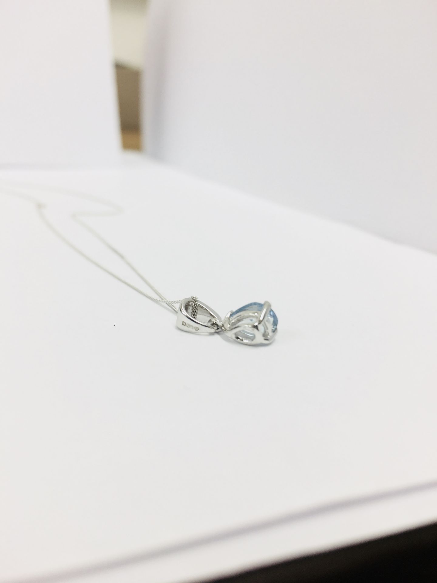 18ct white gold aqua ring diamond pendant,1ct pear shape aquamarine,0.03ct diamond set bale,0. - Image 3 of 4