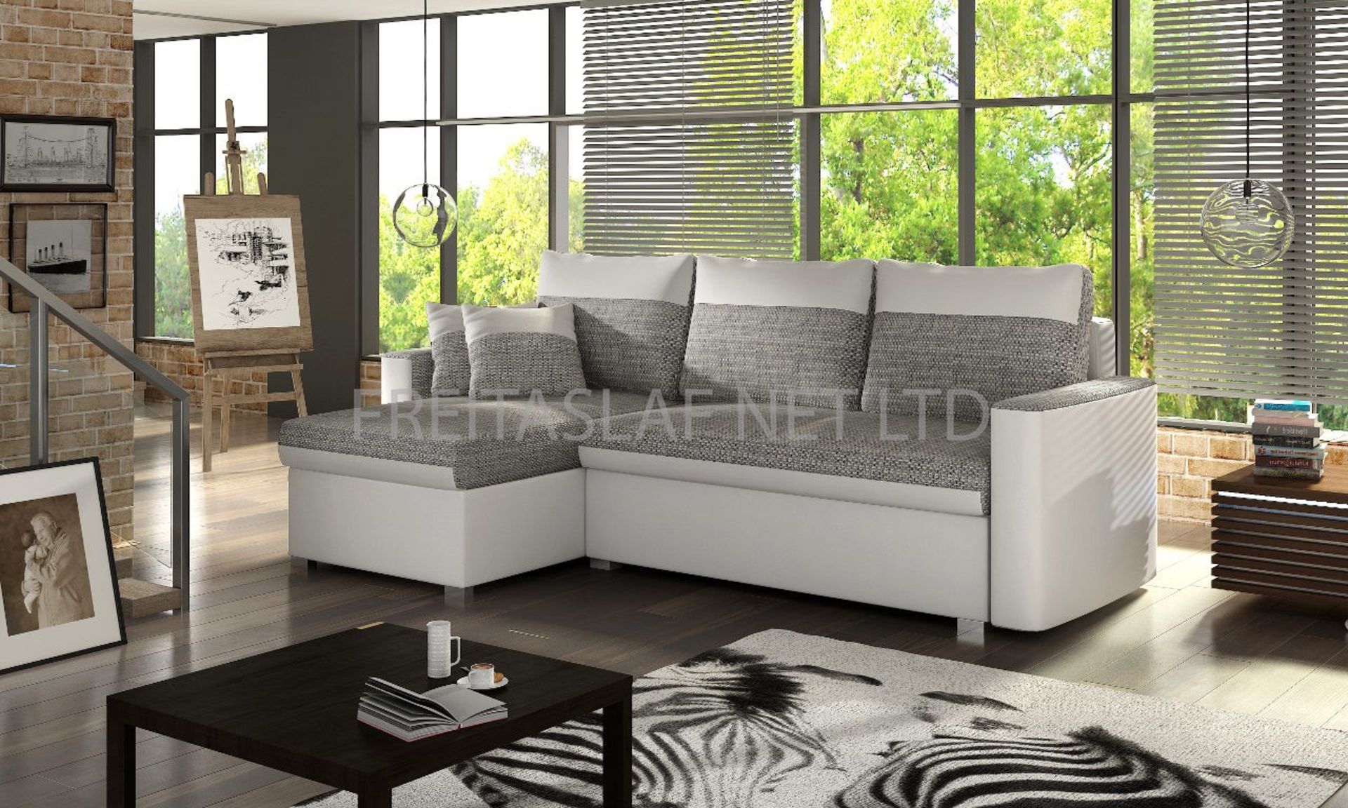 Brand New FlVio Right Hand Facing White/Grey Corner Pull Out Sofa Bed With Storage