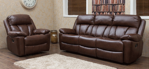 Brand New Boxed Benson 3 Seater Brown Leatheraire Reclining Sofa Plus 2 Matching Arm Chairs