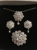 Brand New Platinum Plated, Aaa Zirconia Flower Pendant Necklace, Earring And Ring Set