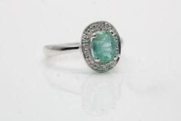 9ct White Gold Ladies Diamond And Emerald Ring, Set With A 1.14 Carat Emerald With Additional