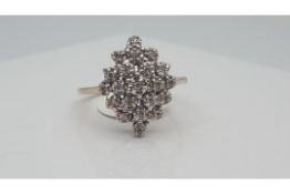 9Ct Yellow Gold Ladies Diamond Cluster Ring, Set In A Marquise Style Cluster, Total Weight- 2.62