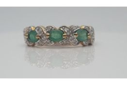 9Ct Yellow Gold, Diamond And Emerald Ring, Oval Set Emeralds, Total Weight- 2.23 Grams