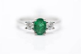 18ct White Gold Ladies Emerald And Diamond Ring, Set With One 0.80 Carat Emerald, Diamond Weight-