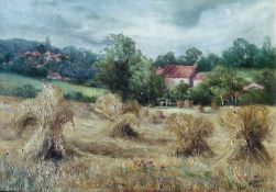 Hay stooks - Original Oil painting by British Artist Olive watson
