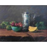 Peter Munro (Scottish 1954) signed Still life oil painting 'Silver and Fruit'