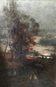 Original landscape oil painting of a country path at dusk by John Hamilton Glass