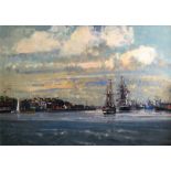 Original oil painting , Ships in harbour, by Geoffery Chatten bn 198 Exhib RSA, RA