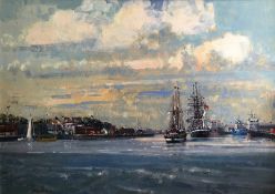 Original oil painting , Ships in harbour, by Geoffery Chatten bn 198 Exhib RSA, RA