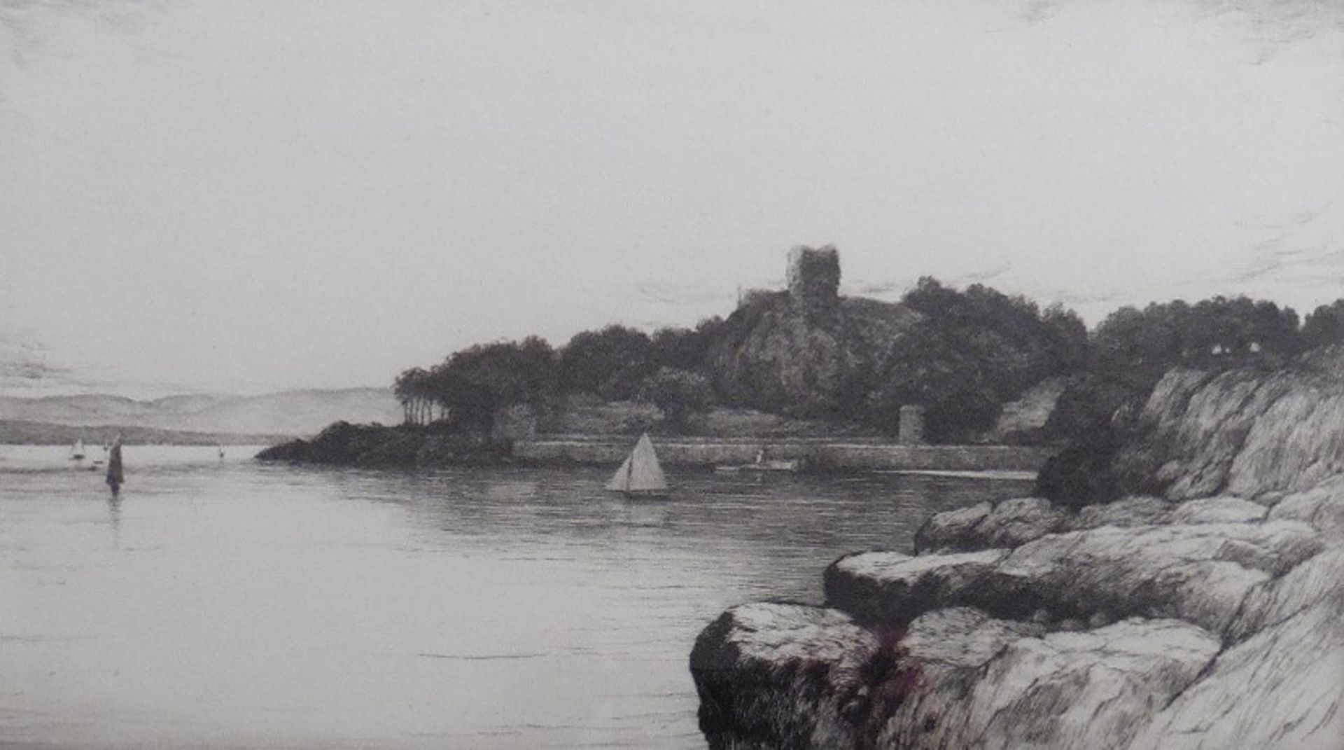 Signed and titled John Farthing etching Scottish view Dunollie castle Oban