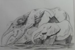 Original signed pen and Ink drawing by Kirsten Harris 'Elephants'