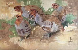 Large Signed watercolour by Scottish artist Ralston Gudgeon RSW depicting a covey of Partridge