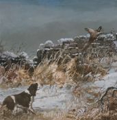 Watercolour painting ""Spaniel and pheasant on a Scottish Moor"" by Reuben Ward Binks (1880-1950)