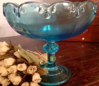 Vintage French Fruit Glass Bowl turquoise on stem