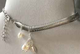 Bracelet Anklet with drop freshwater cultured pearls on flat chain with clasp / bracelet