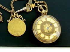 18ct Gold Fob Watch And Chain, Dated 1876 with George III Guinea