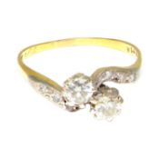 A Vintage Two Stone Cross Over Diamond Ring, C.1930's