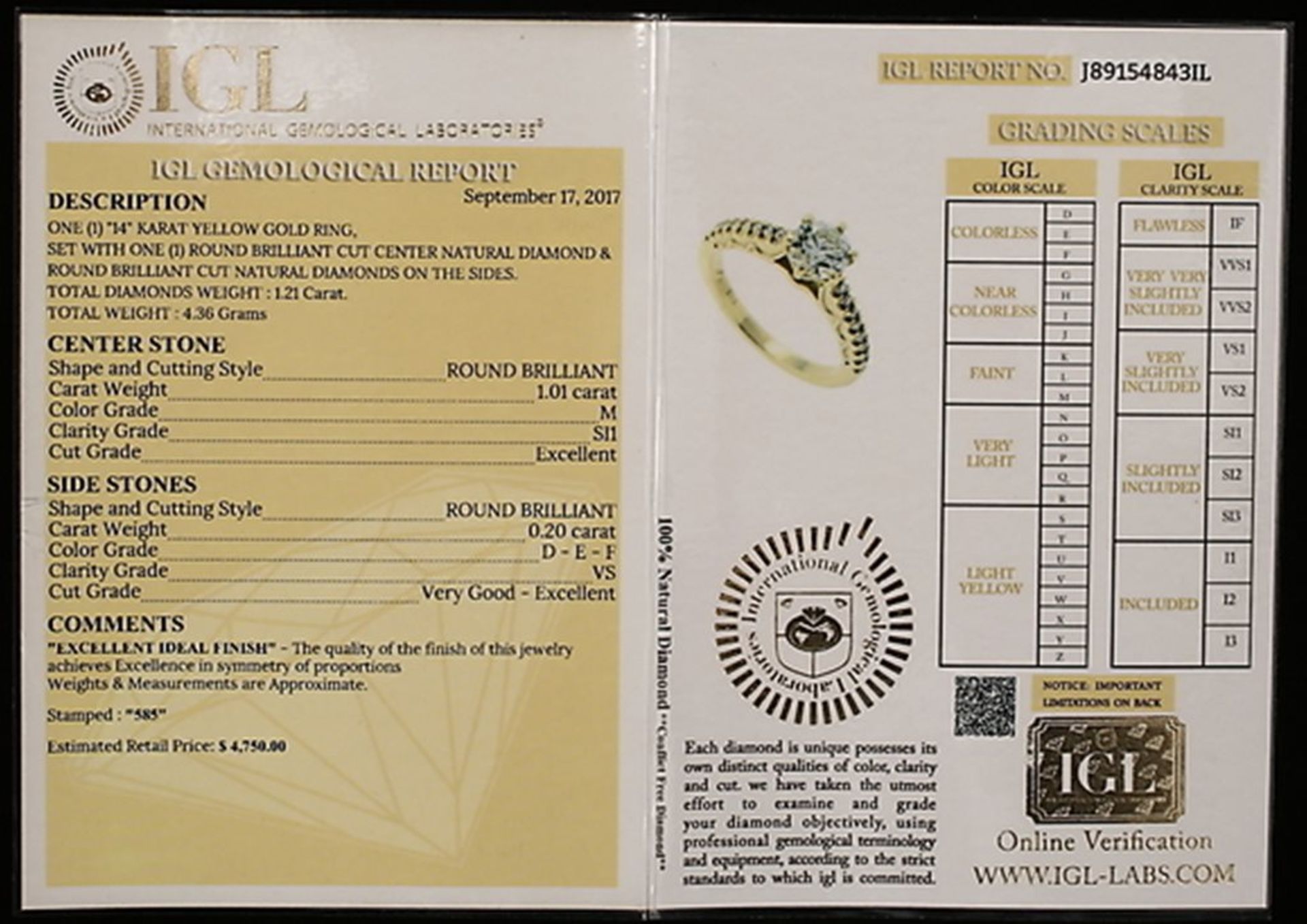 Ring in yellow gold, stamped 585, size 17,6 / 55 with center brilliant 1,01 ct Color M Clarity SI1 - Image 3 of 3