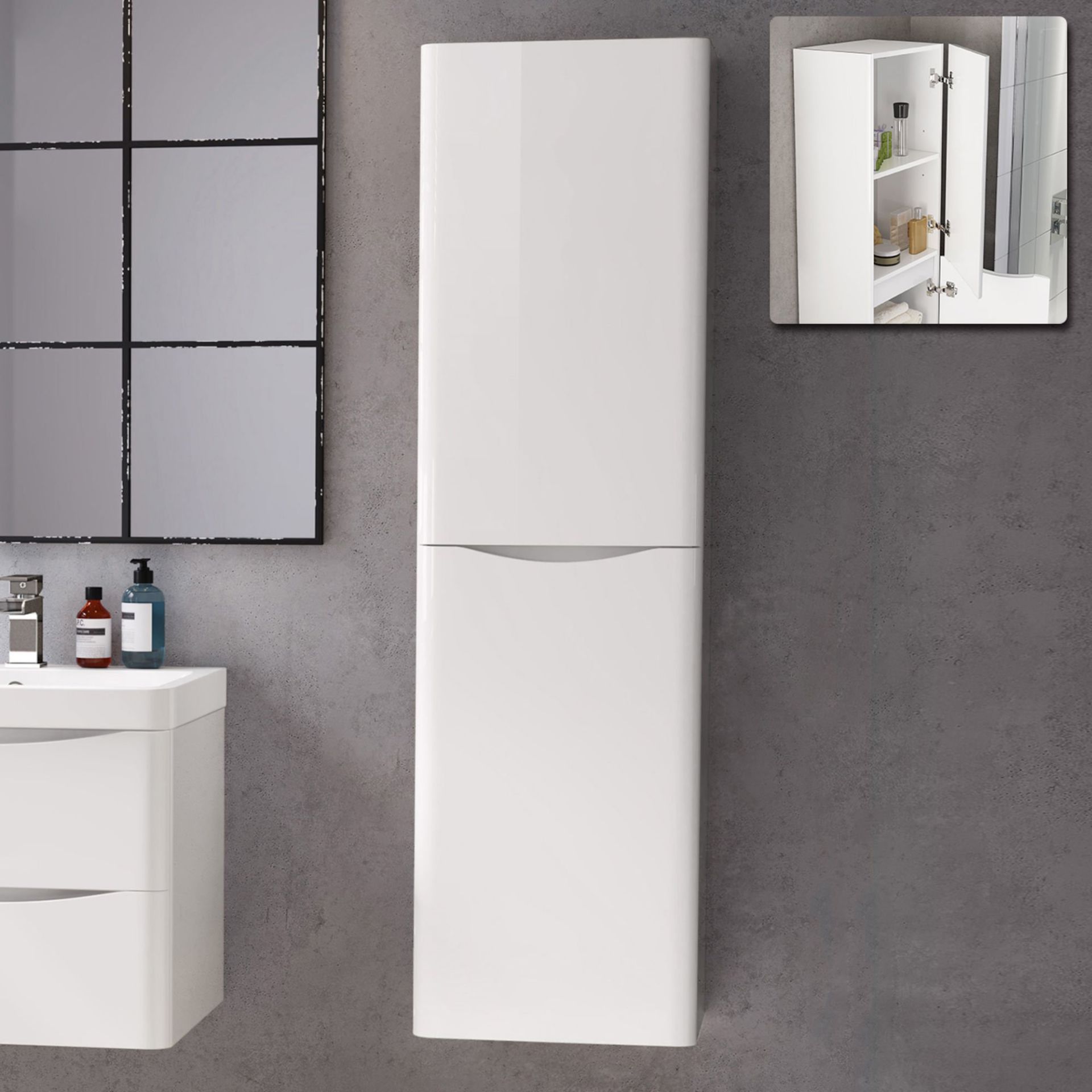 (L49) 1400mm Austin II Gloss White Tall Wall Hung Storage Cabinet - Right Hand RRP £299.99 Stylish