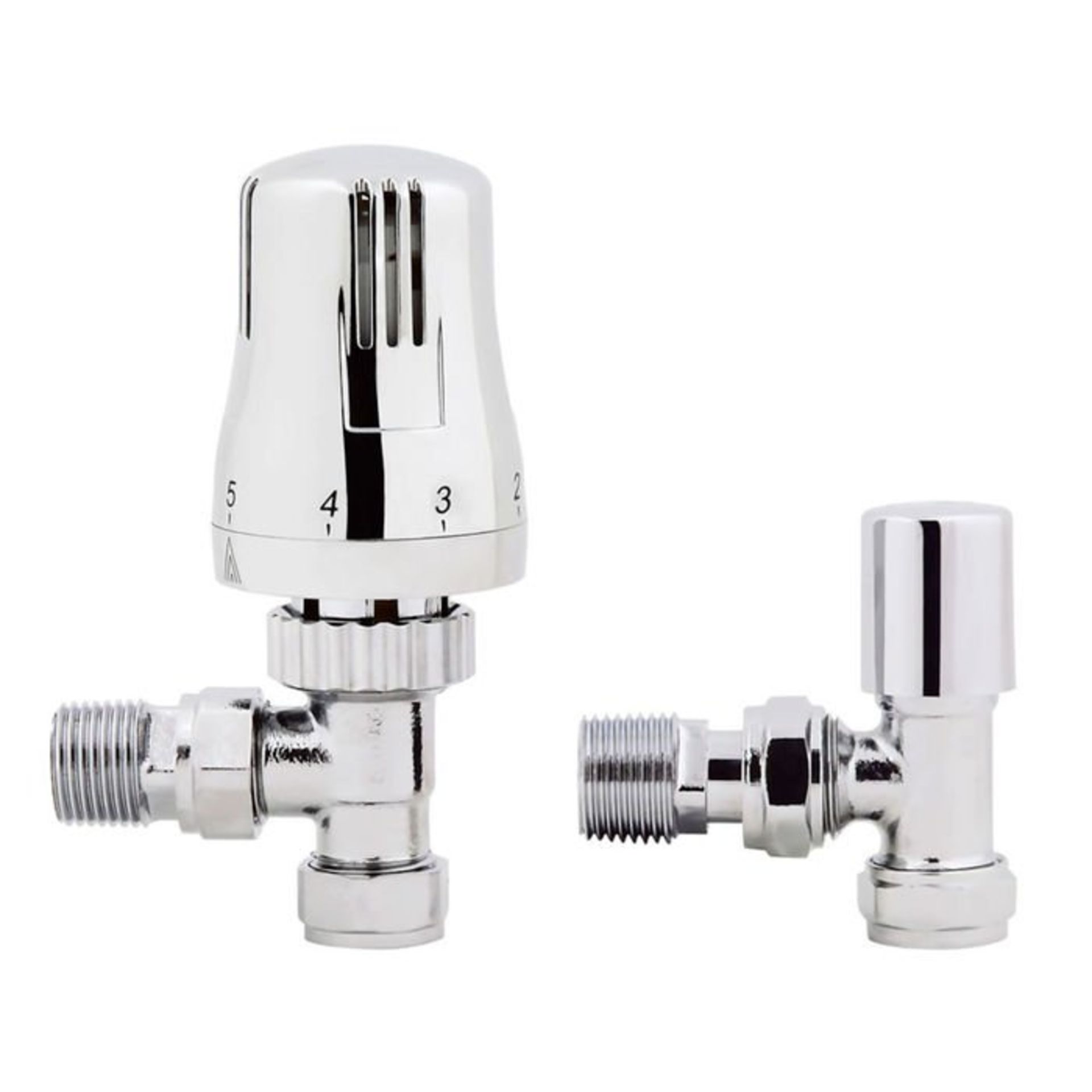 (L136) 15mm Standard Connection Thermostatic Angled Chrome Radiator Valves. Chrome Plated Solid