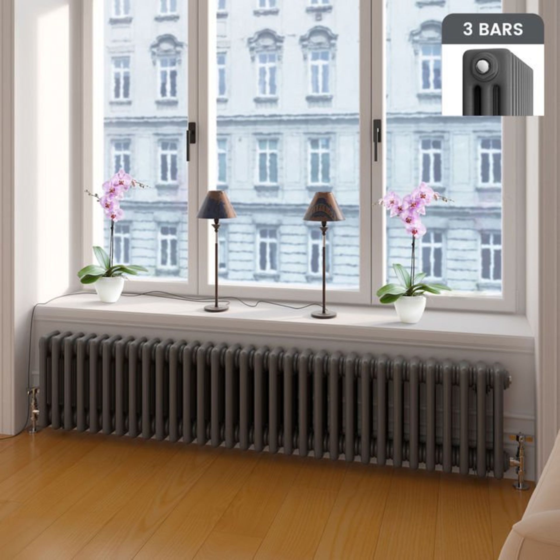 (L147) 300x1458mm Anthracite Triple Panel Horizontal Colosseum Traditional Radiator. RRP £649.99.