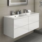 (E1) 1200mm Trevia High Gloss White Double Basin Cabinet - Wall Hung. COMES COMPLETE WITH BASIN.