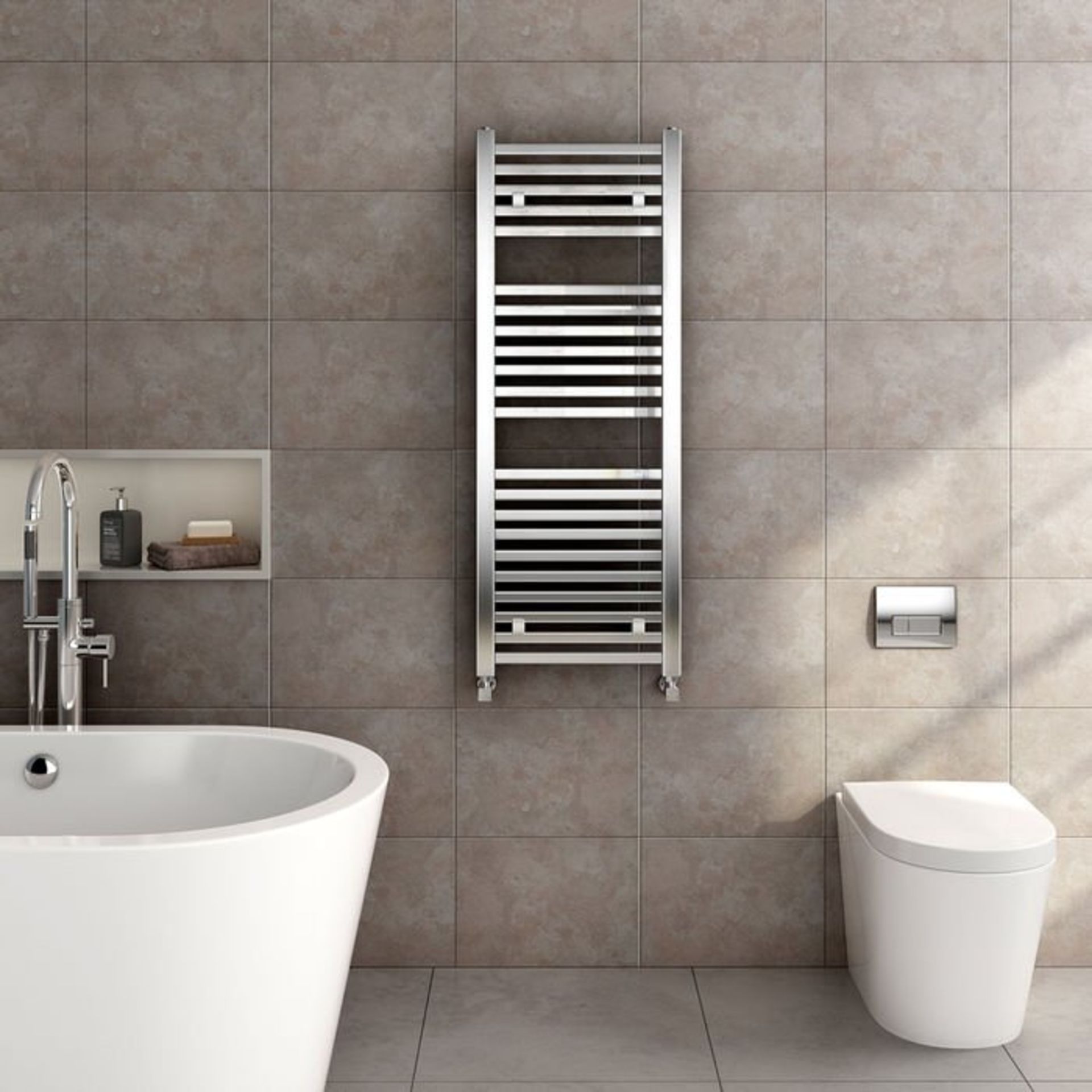 (E7) 1200x450mm Chrome Square Rail Ladder Towel Radiator. RRP £296.99. Low carbon steel chrome - Image 2 of 3