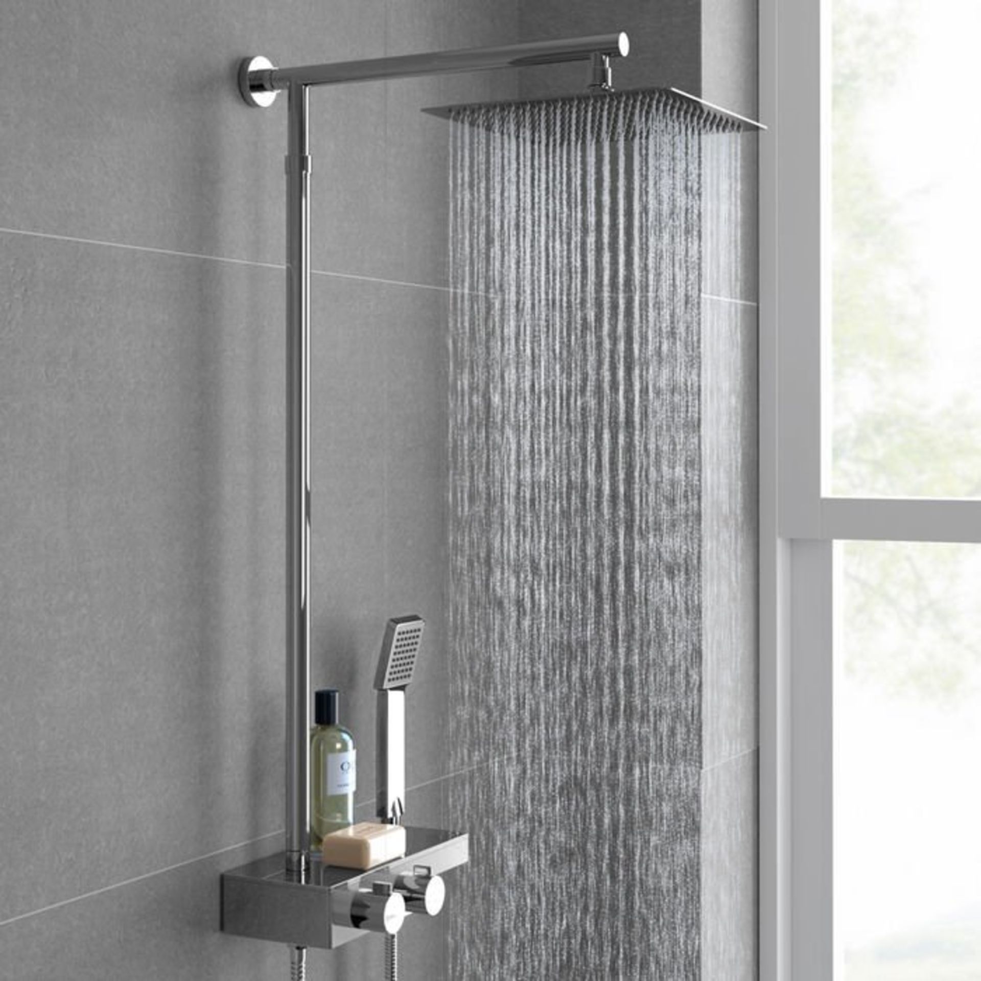 (E21) 200mm Square Head Thermostatic Exposed Shower Kit & Handheld. Built in 38 degree anti-scalding