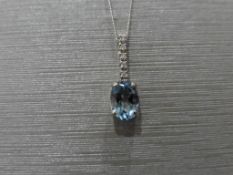 0.80ct Aqua marine and diamond drop style pendant. 7X 5mm oval aqua set with 5 small brilliant cut