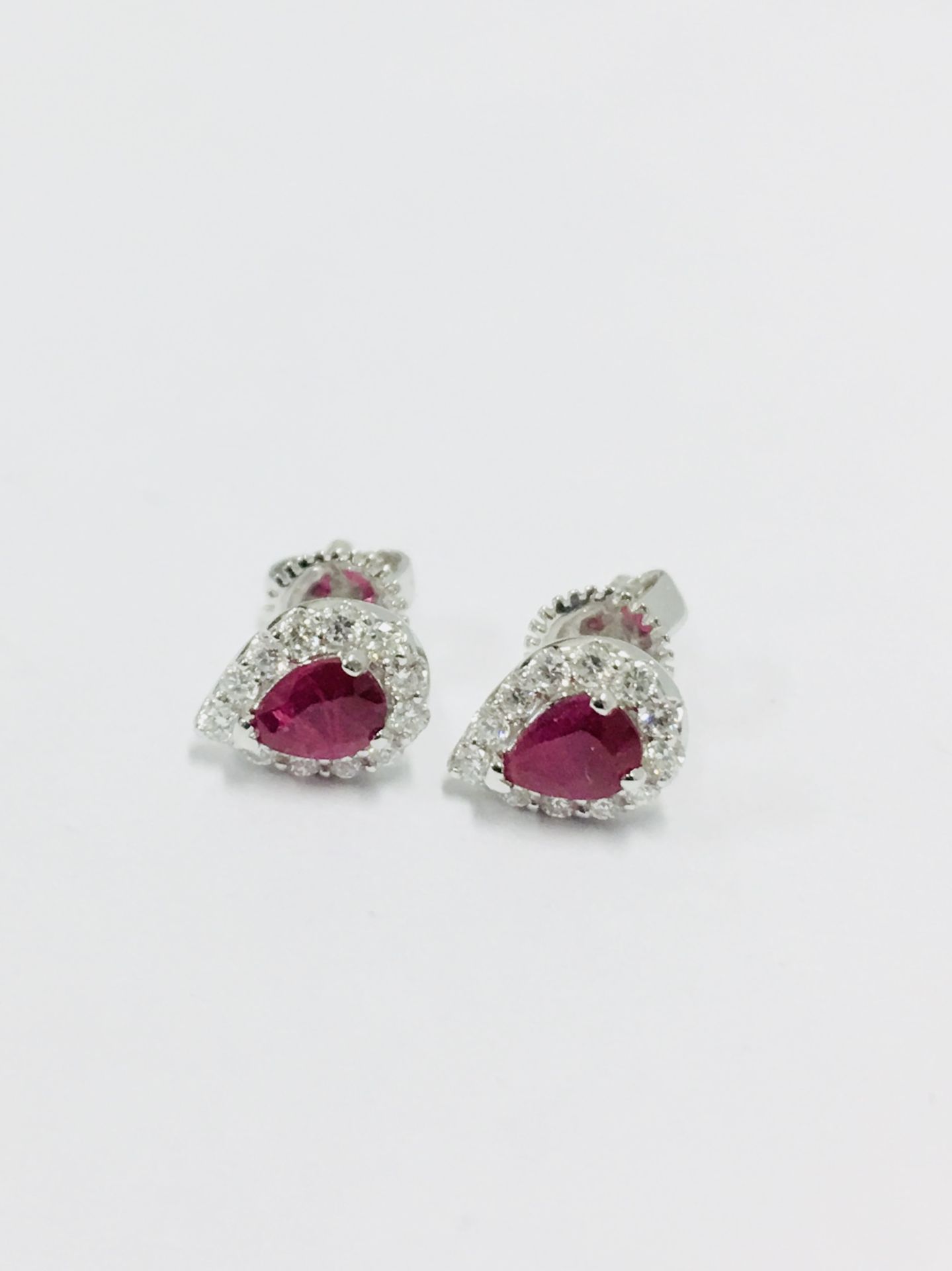 18ct white gold Ruby & Diamond Earrings,Ruby 0.58ct pearshape natural,0.17ct diamond brilliant cut g - Image 2 of 3