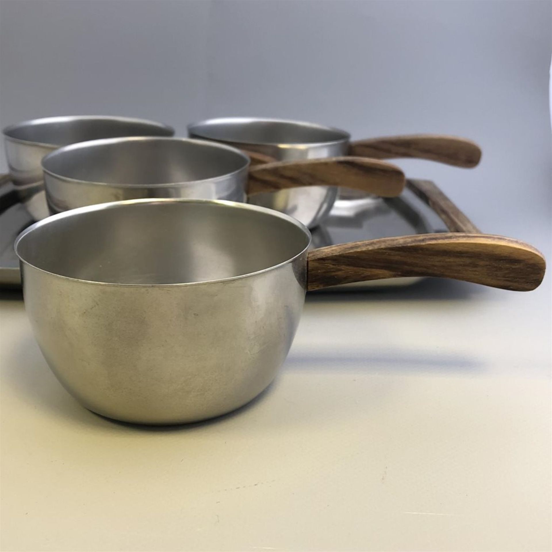 Stainless Steel and Teak Wood Set Comprising 4 Handled Bowls and a Tray - Denmark - Image 2 of 3