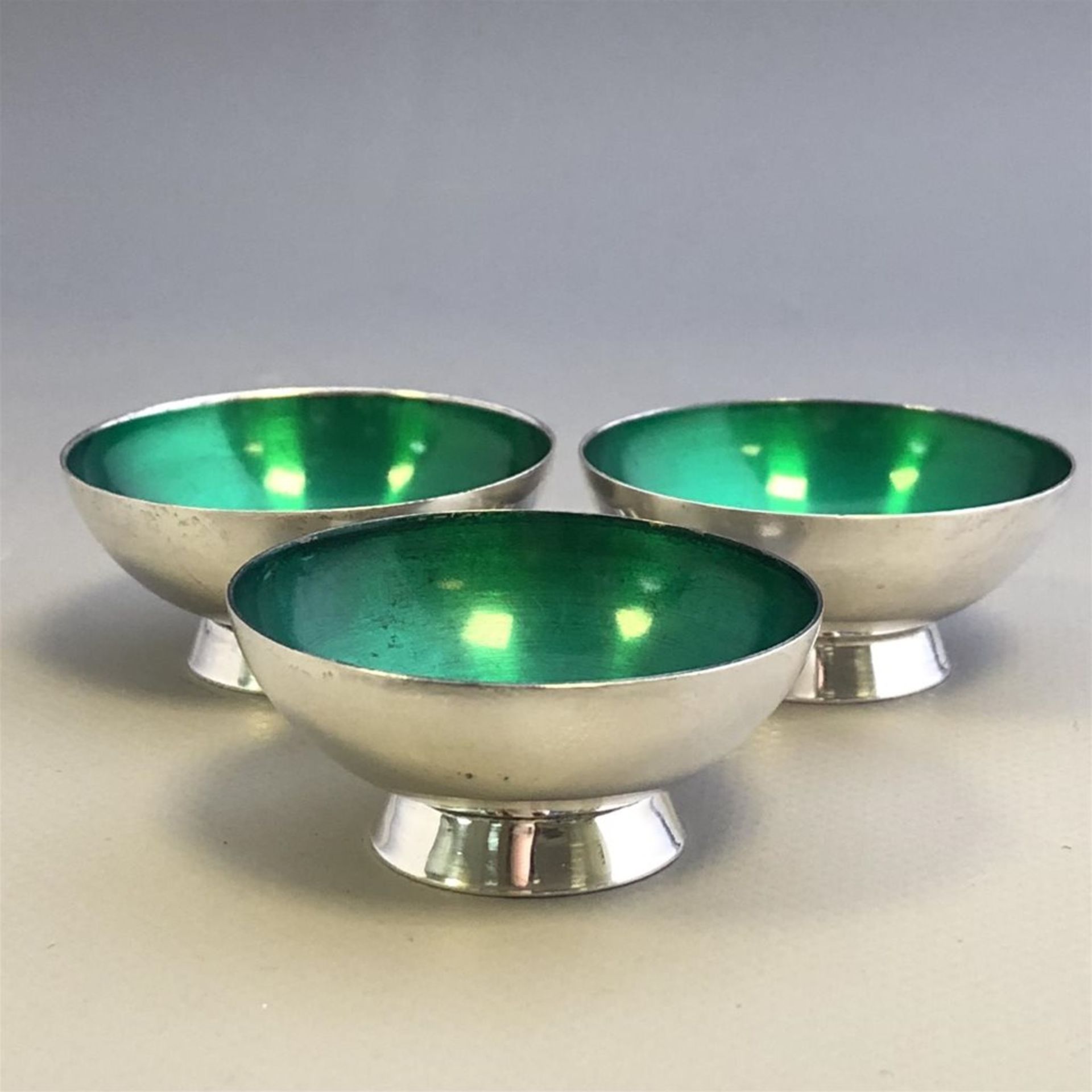 Set of 3 Silver Plate and Enamel Salt Bowls - Meka - Denmark