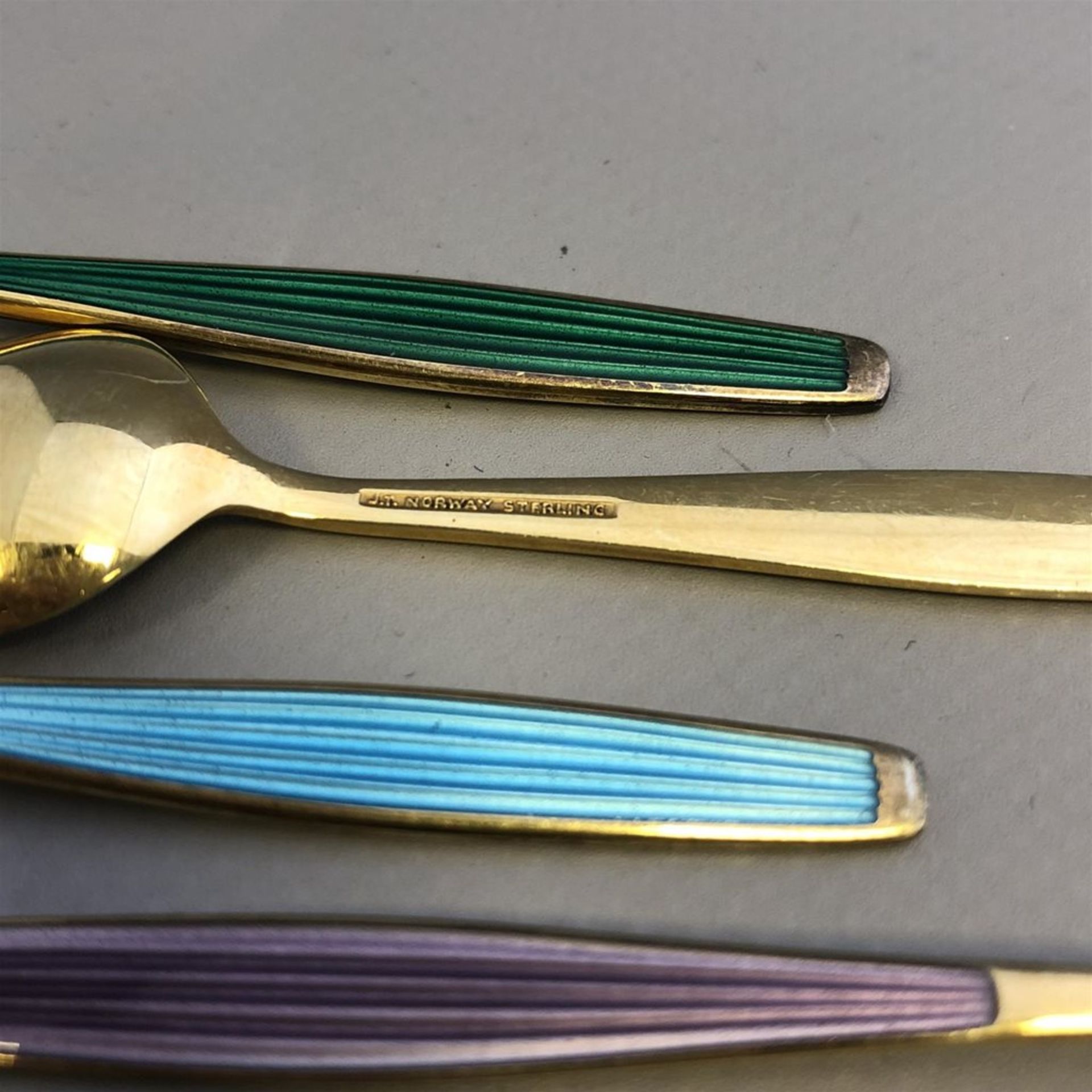 Set of 4 sterling silver gilt and enamel demitasse spoons - Norway - Image 2 of 2