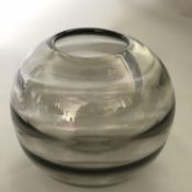 Large Round Smoky Art Glass Bowl Vase - Orrefors - Sweden