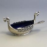 Silver and Blue Glass Viking Ship Salt with Spoon - 925S Sterling - Norway