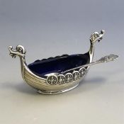 Silver and Blue Glass Viking Ship Salt with Spoon - 925S Sterling - Norway