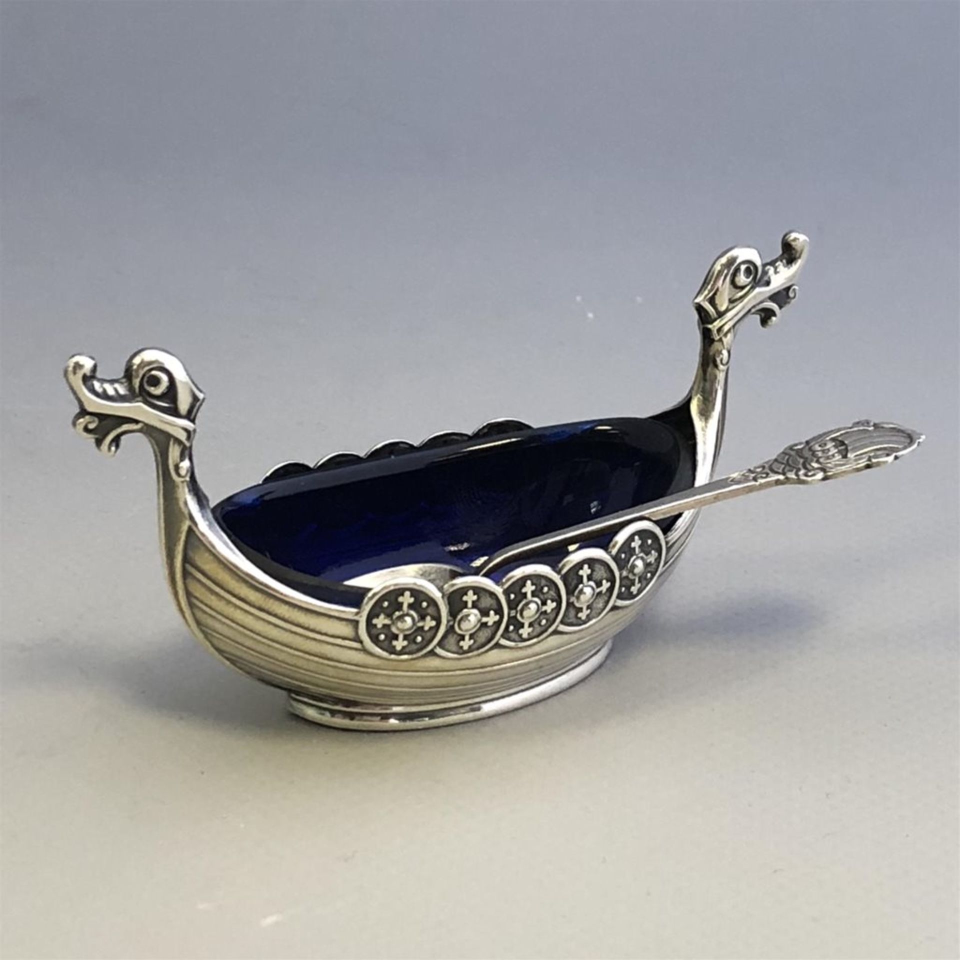 Silver and Blue Glass Viking Ship Salt with Spoon - 925S Sterling - Norway