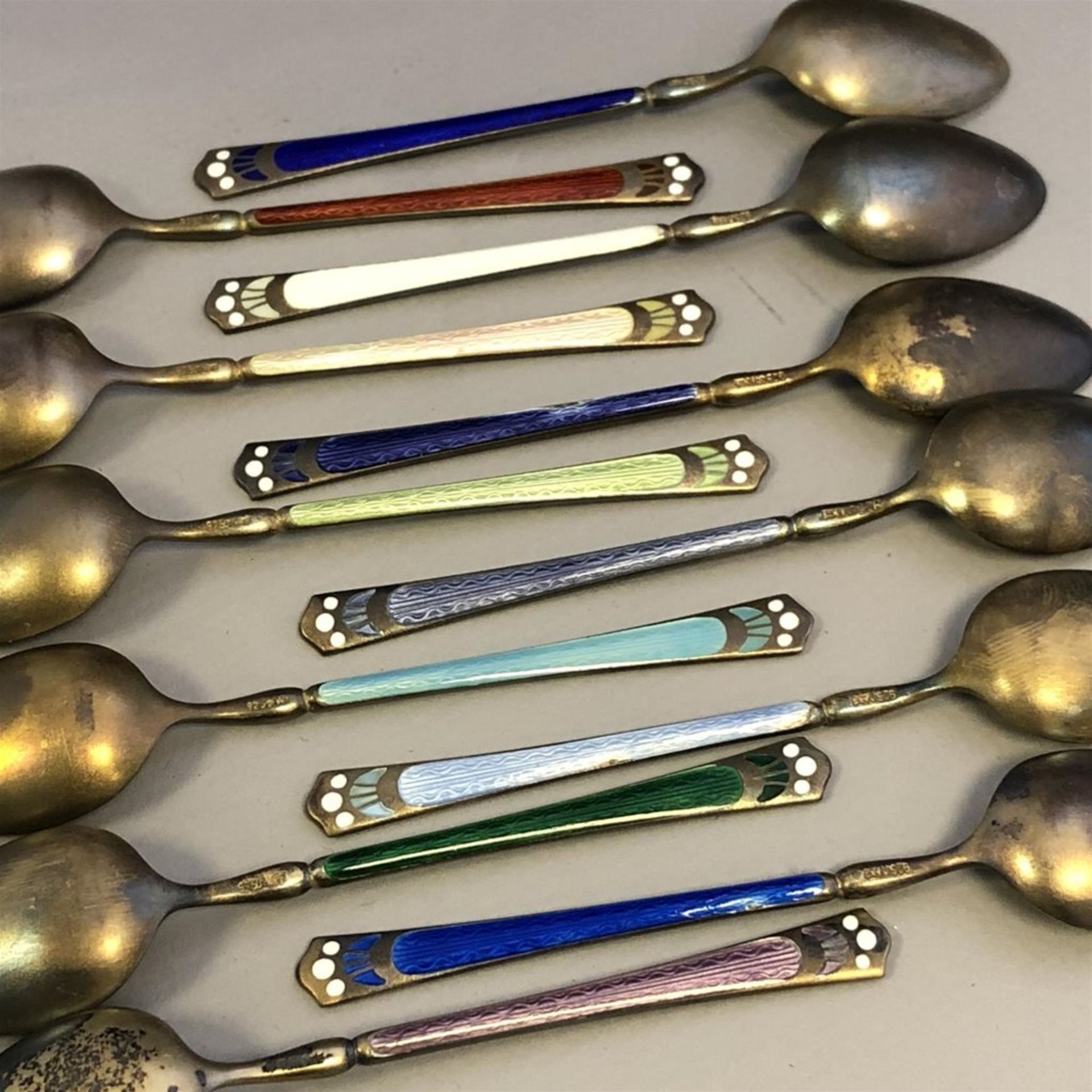 Cased Set of 12 Silver and Enamel Demitasse Spoons - David Andersen - Norway - Image 4 of 4