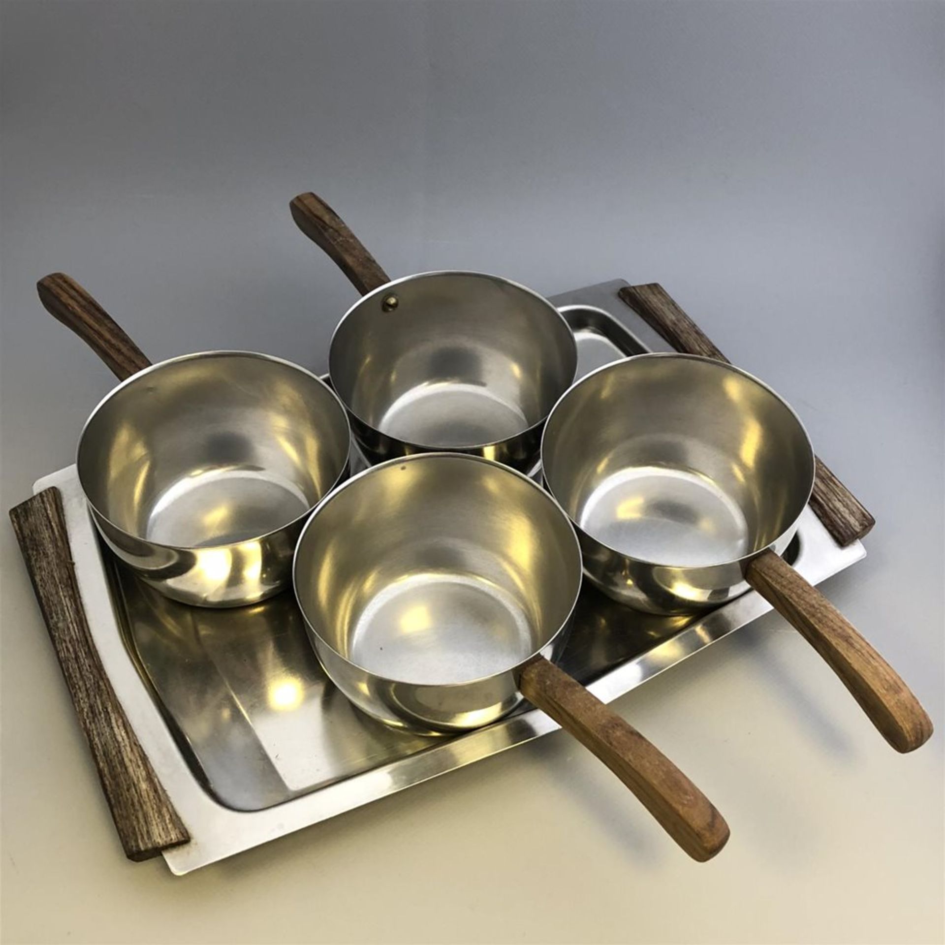 Stainless Steel and Teak Wood Set Comprising 4 Handled Bowls and a Tray - Denmark