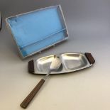 Mid Century Modern Stainless Steel and Teak Wood Cruet Tray and Spoon in Original Box