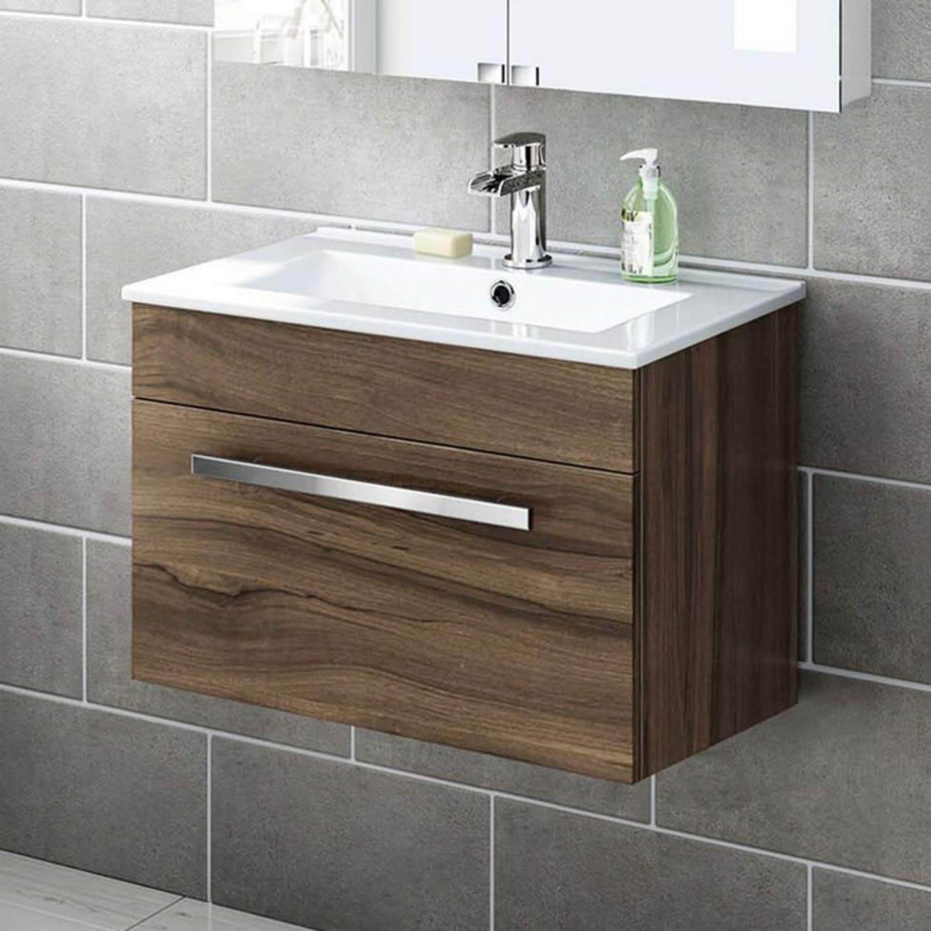 (S57) 600mm Avon Walnut Effect Basin Cabinet - Wall Hung RRP £449.99. COMES COMPLETE WITH BASIN.