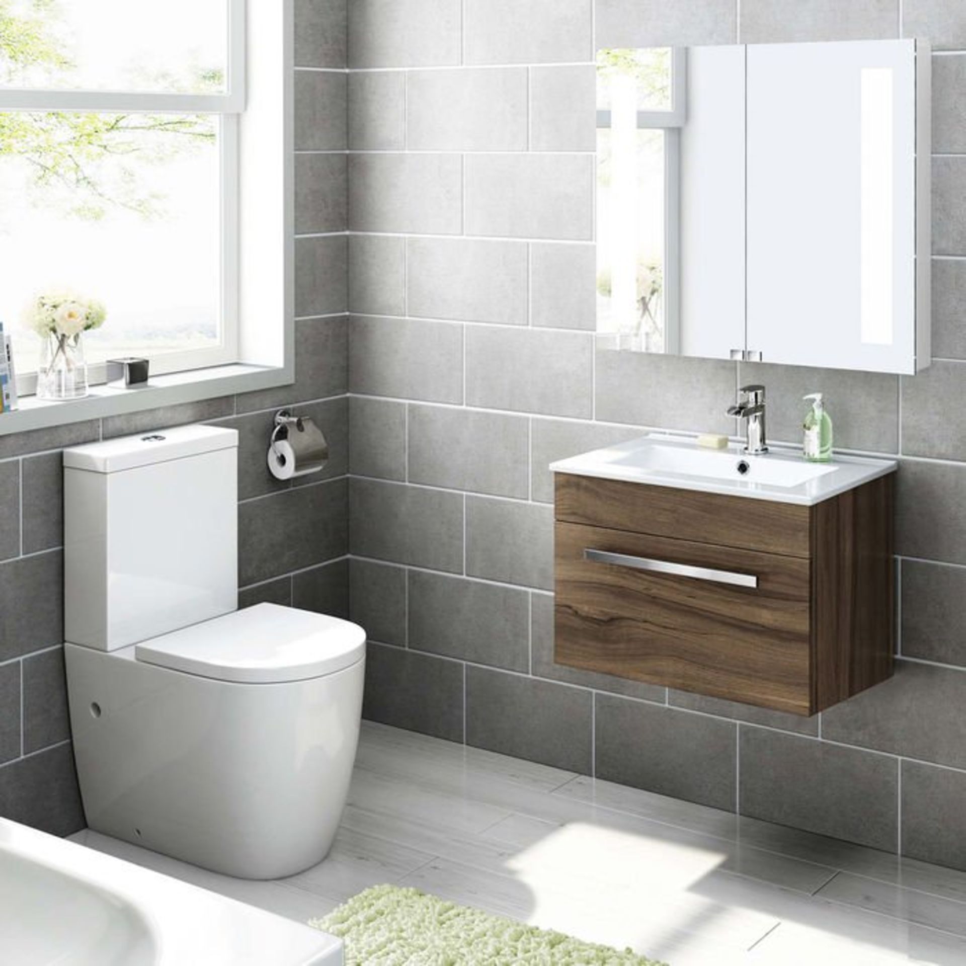 (S57) 600mm Avon Walnut Effect Basin Cabinet - Wall Hung RRP £449.99. COMES COMPLETE WITH BASIN. - Image 2 of 3