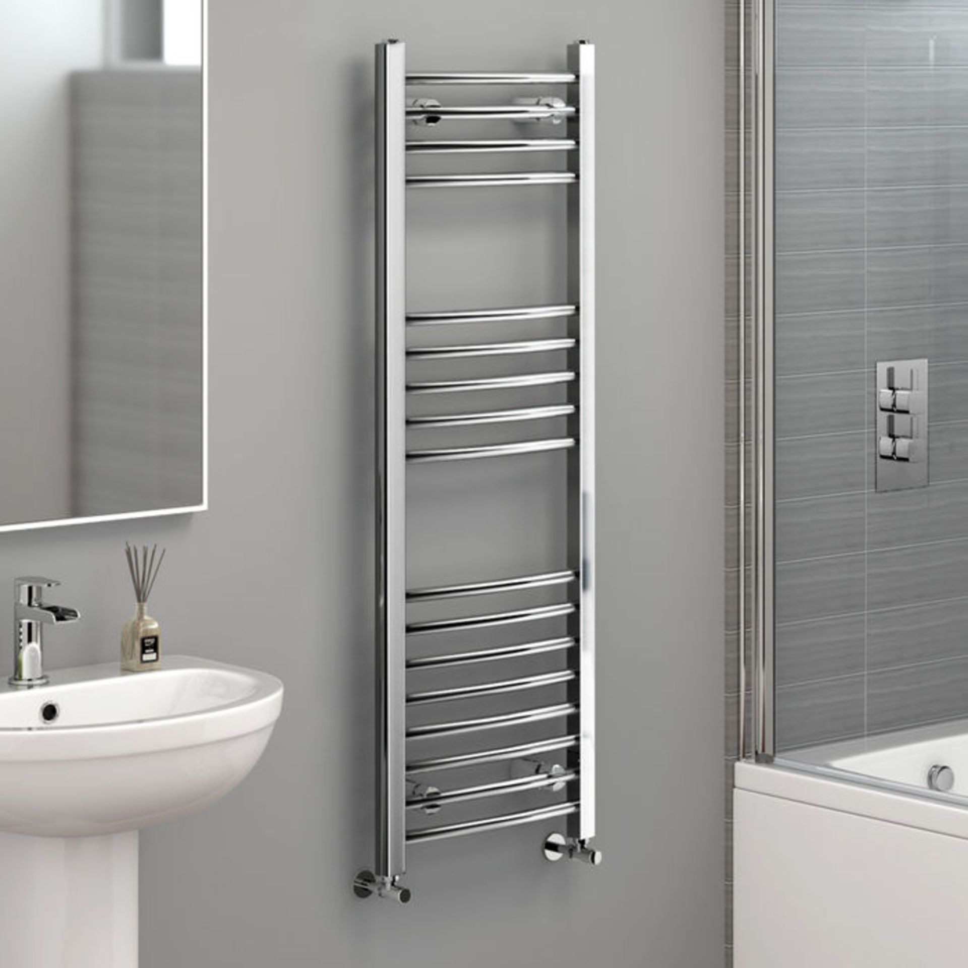(S114) 1200x400mm - 20mm Tubes - Chrome Curved Rail Ladder Towel Radiator. Low carbon steel chrome