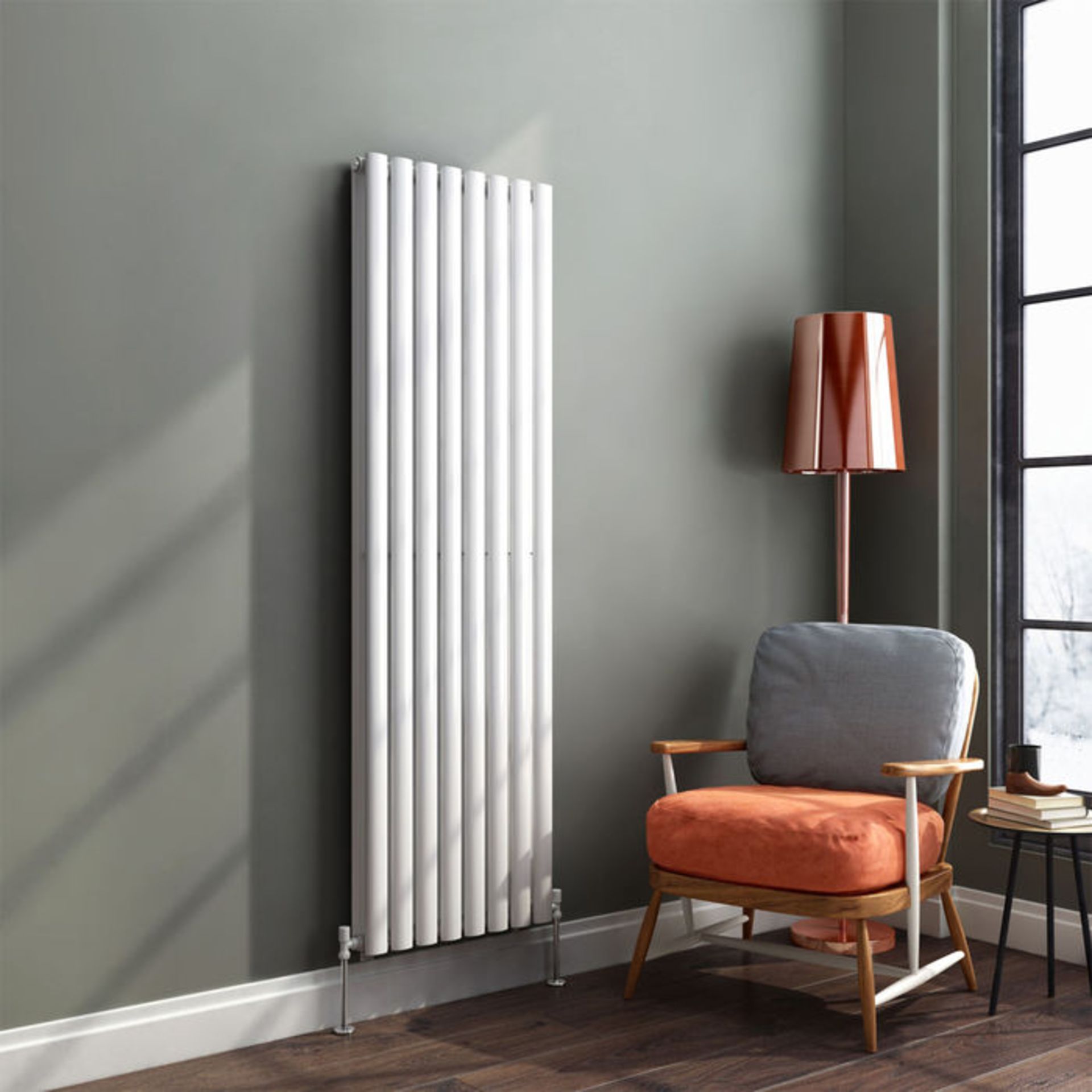 (S155) 1600x480mm Gloss White Double Oval Tube Vertical Radiator RRP £337.99 Low carbon steel, - Bild 2 aus 3