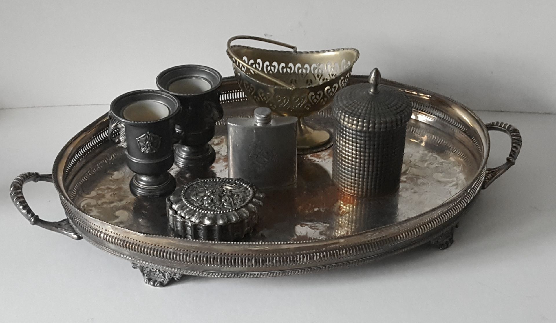 Antique Vintage Retro Parcel of Plated Ware Includes Large Oval Galleried Tray & Tobacco Jar