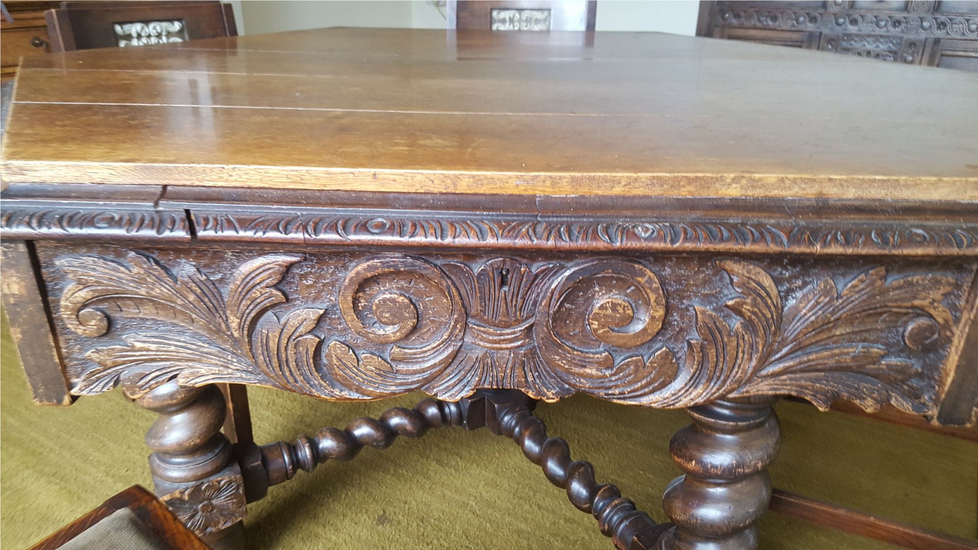 Antique Vintage Hexagonal Oak Dining Table Bobbin Stretchers & Four Chairs - Image 2 of 6