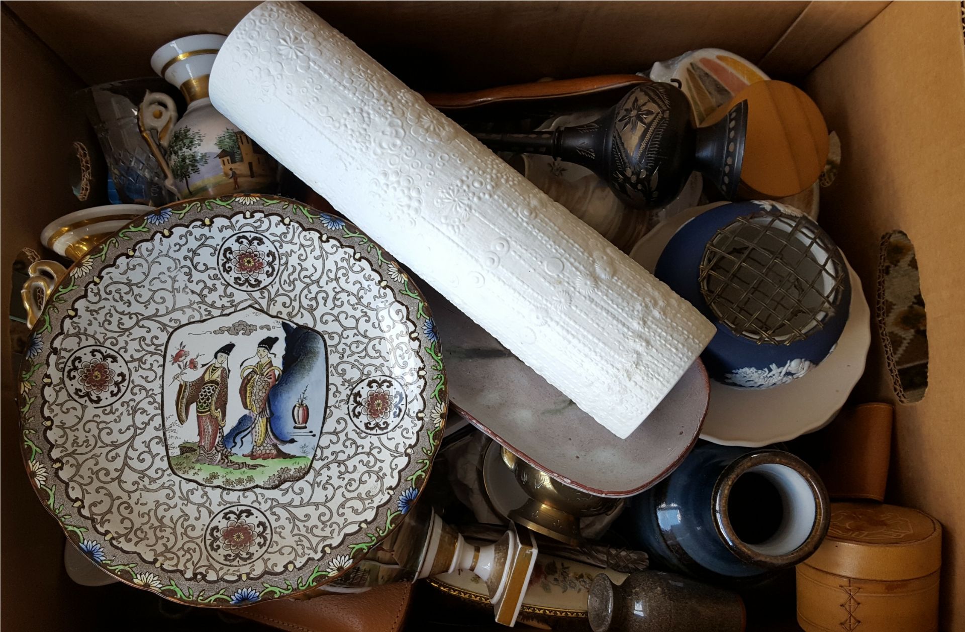 Vintage Retro Box of Ceramics Treen & Glass Includes Studio Pottery NO RESERVE