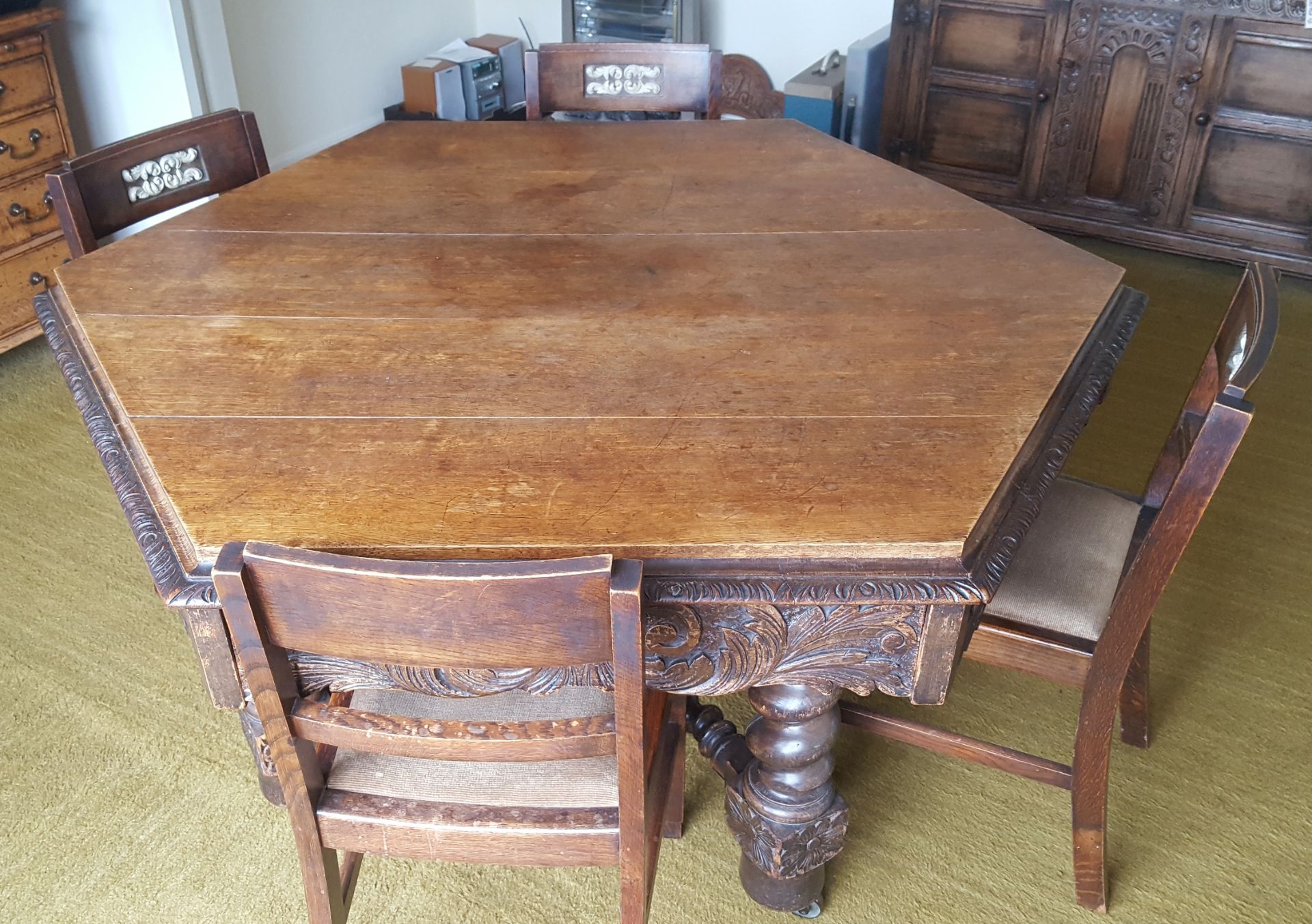 Antique Vintage Hexagonal Oak Dining Table Bobbin Stretchers & Four Chairs